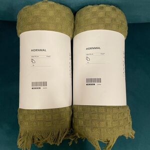 Set of 2 IKEA HORNMAL Olive Green Throw Blankets – 51x67” – New